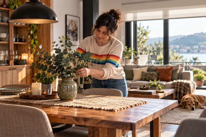 Mesa de comedor redonda bien integrado en una vivienda real