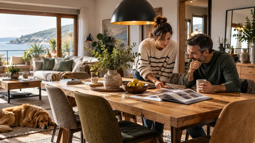 Mesa de comedor redonda bien integrado en una vivienda real