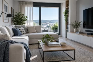 Sofá de fondo reducido bien integrado en una vivienda real