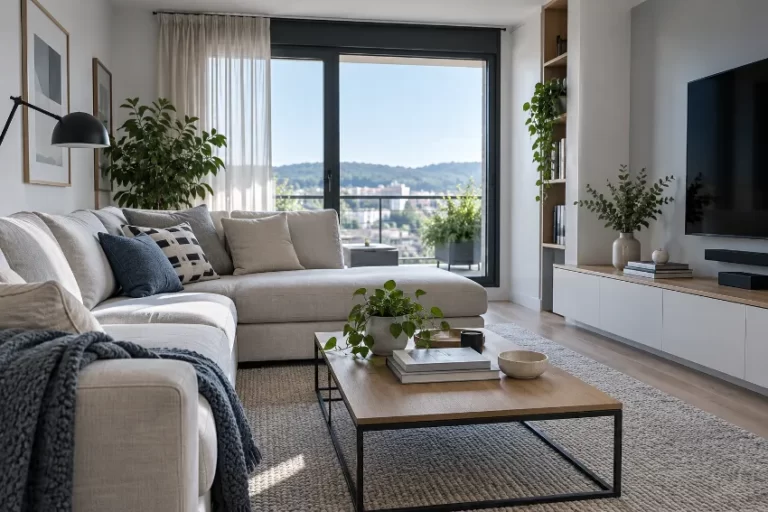 Sofá de fondo reducido bien integrado en una vivienda real