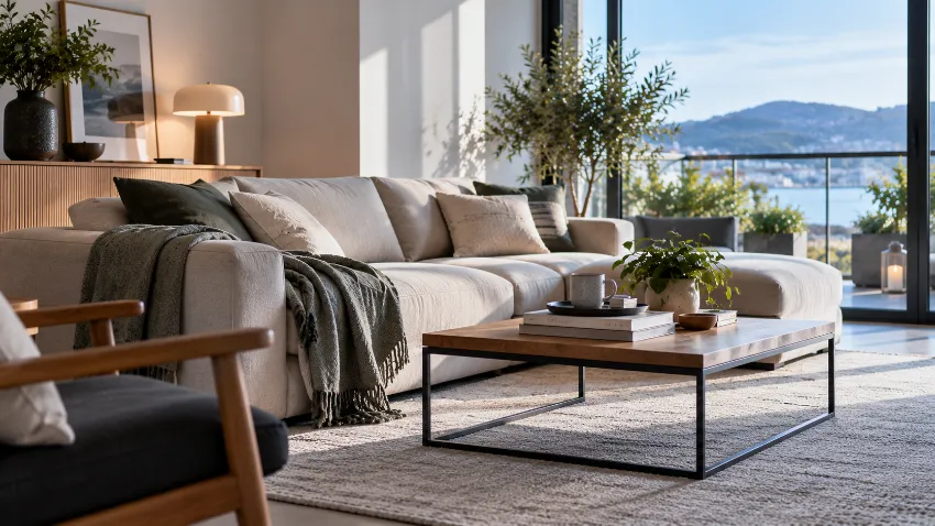 Sofá de fondo reducido bien integrado en una vivienda real
