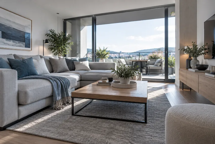 Sofá de fondo reducido bien integrado en una vivienda real