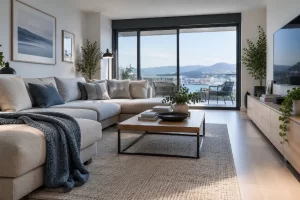 Sofá con cabezales reclinables bien integrado en una vivienda real