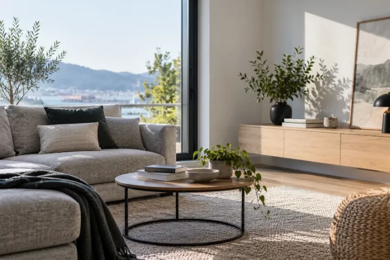 Sofá con cabezales reclinables bien integrado en una vivienda real