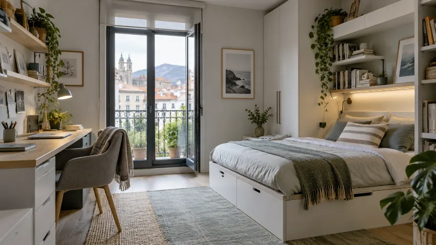 Dormitorio para una habitación irregular bien integrado en una vivienda real