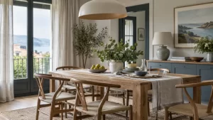 Mesa de comedor redonda bien integrado en una vivienda real
