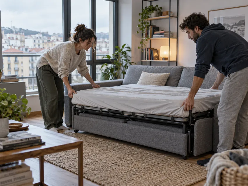 Sofá cama bien integrado en una vivienda real