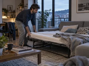 Sofá cama bien integrado en una vivienda real