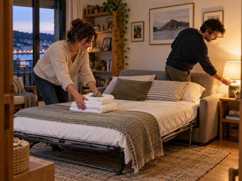 Sofá con cabezales reclinables bien integrado en una vivienda real