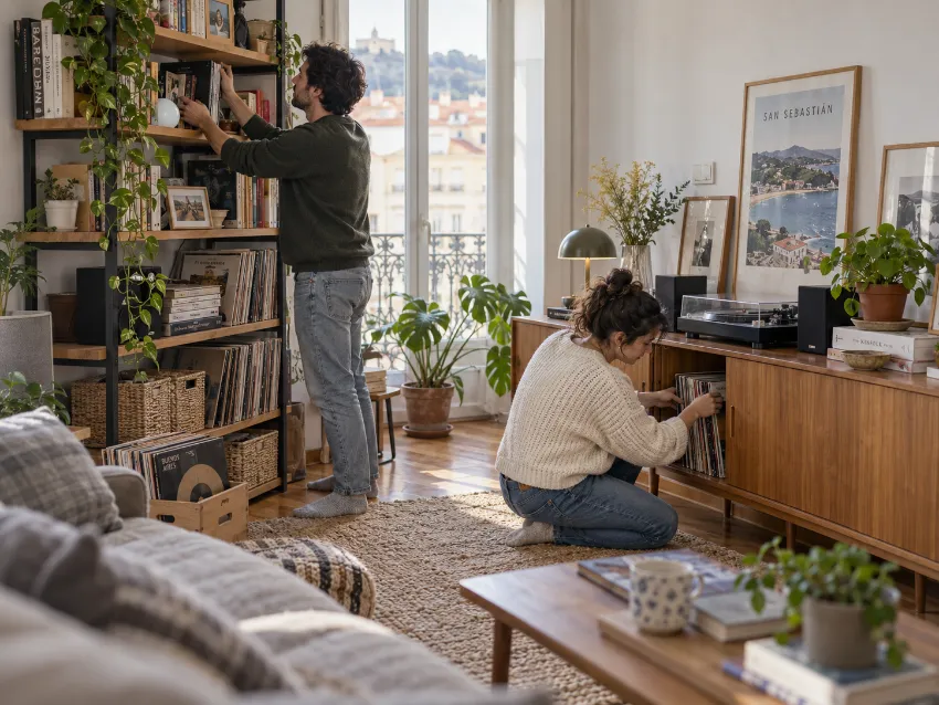 Sofá con cabezales reclinables bien integrado en una vivienda real